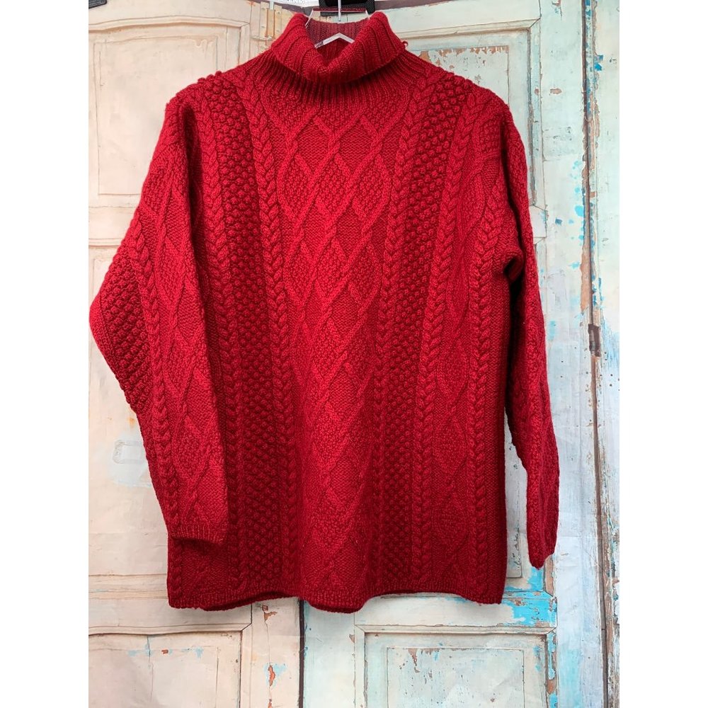 J Crew Cable Knit, Turtle Neck Medium Red  Knit Fisherman  Wool